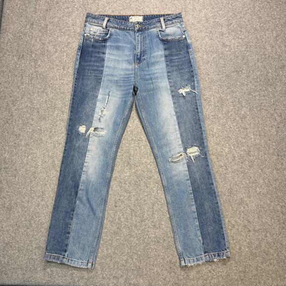 Women's Free People Distressed Patchwork Straight Leg Denim Jeans Size 29 - Picture 1 of 9